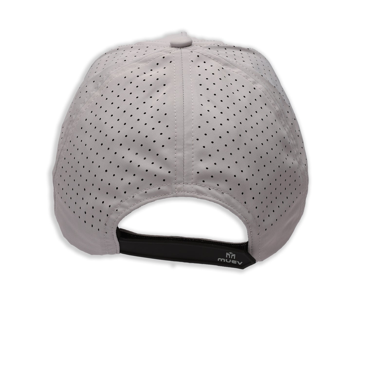 rear view of pewter gray Muev breathable logo hat with perforated panels and adjustable strap for padel apparel