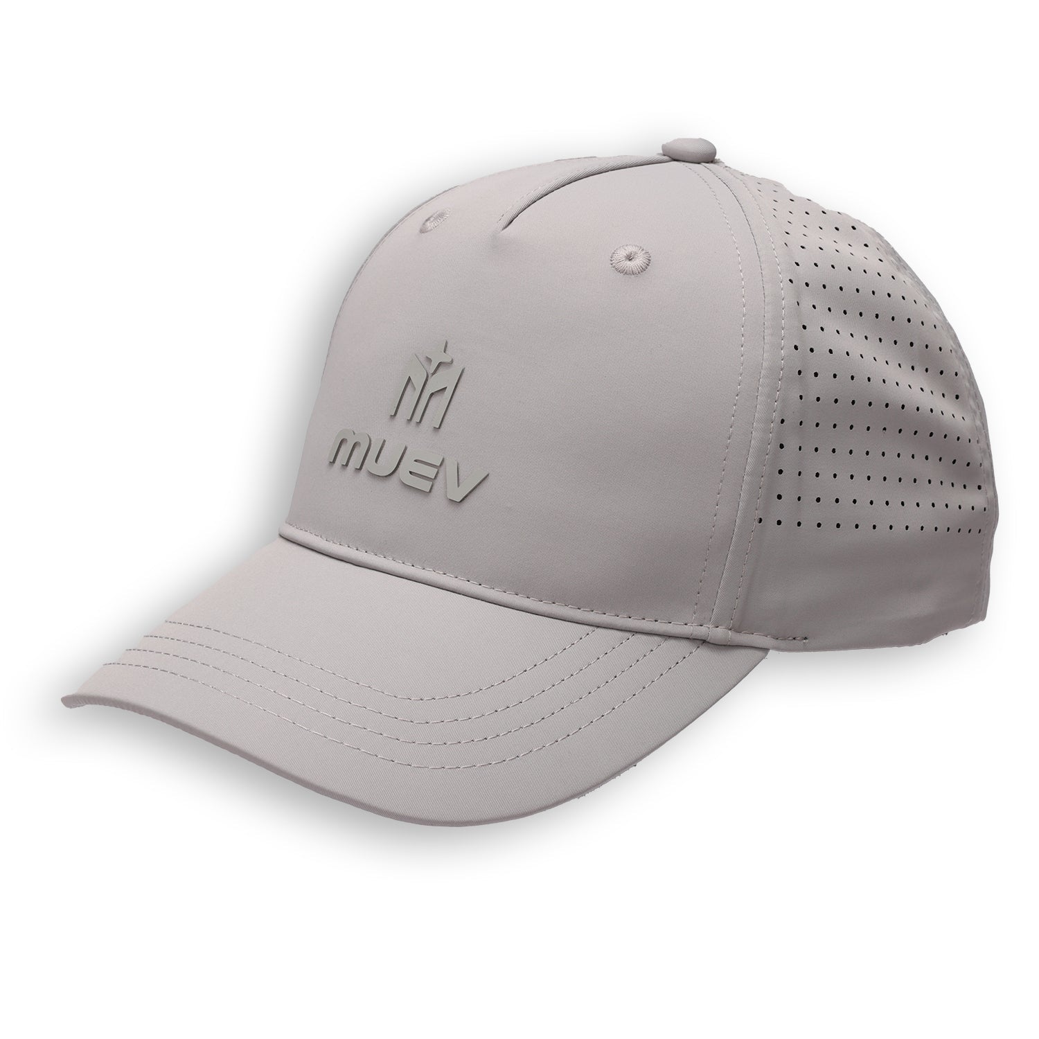 pewter gray Muev breathable logo hat with perforated side panels for padel and pickleball clothing