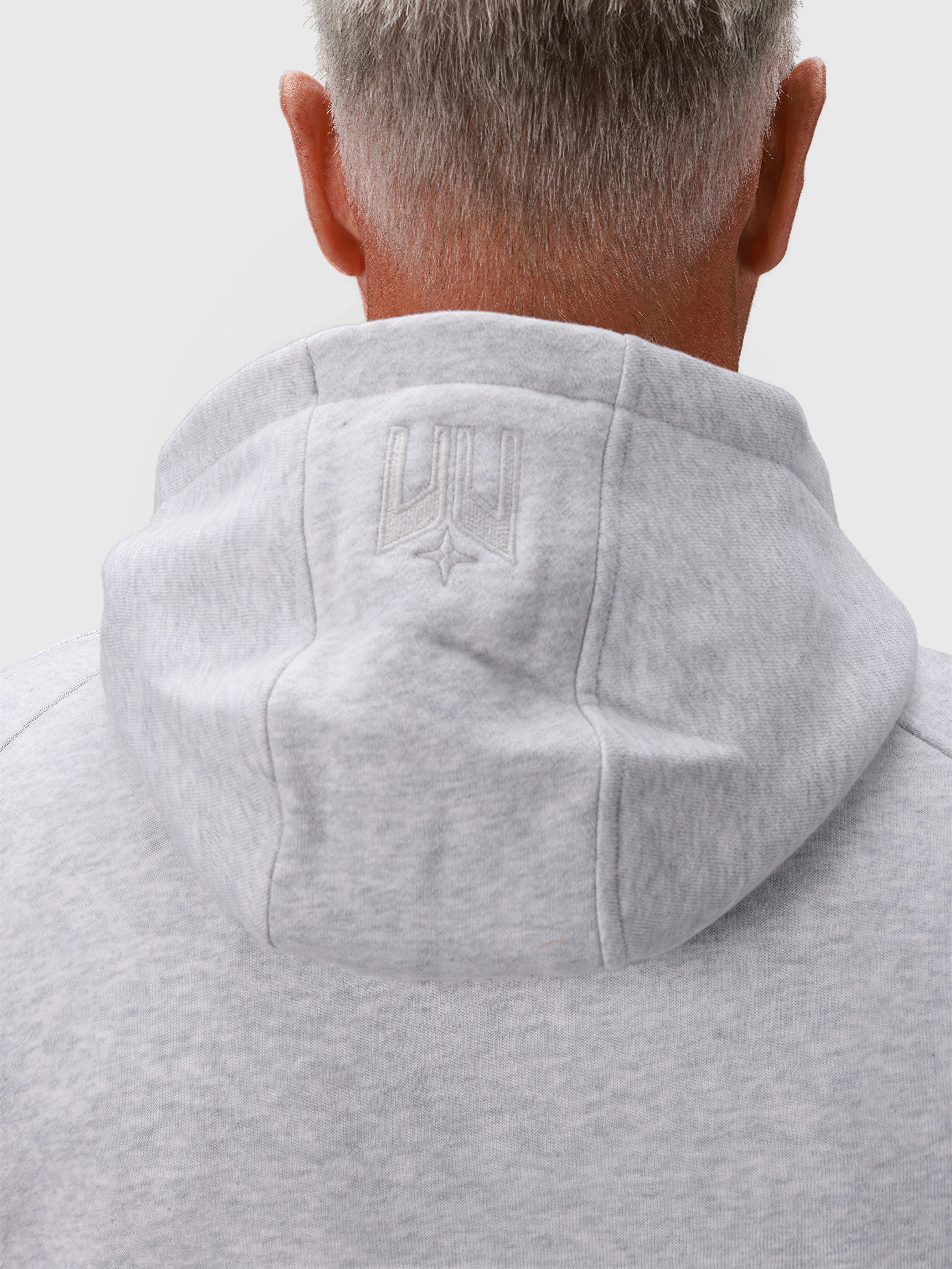 Back view of heather gray Men's Off Court Full Zip Hoodie by MUEV for padel and pickleball apparel with embossed logo on hood