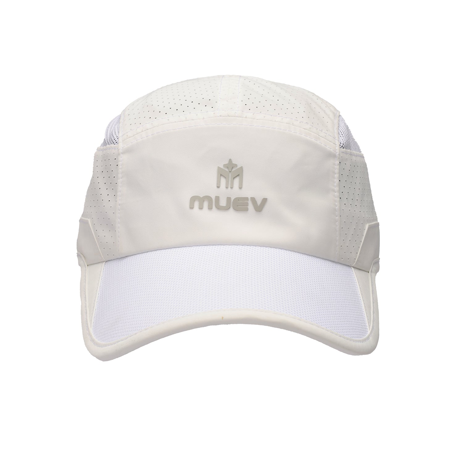 front view of light beige Muev Court Hat with perforated panels and curved brim for padel and pickleball apparel